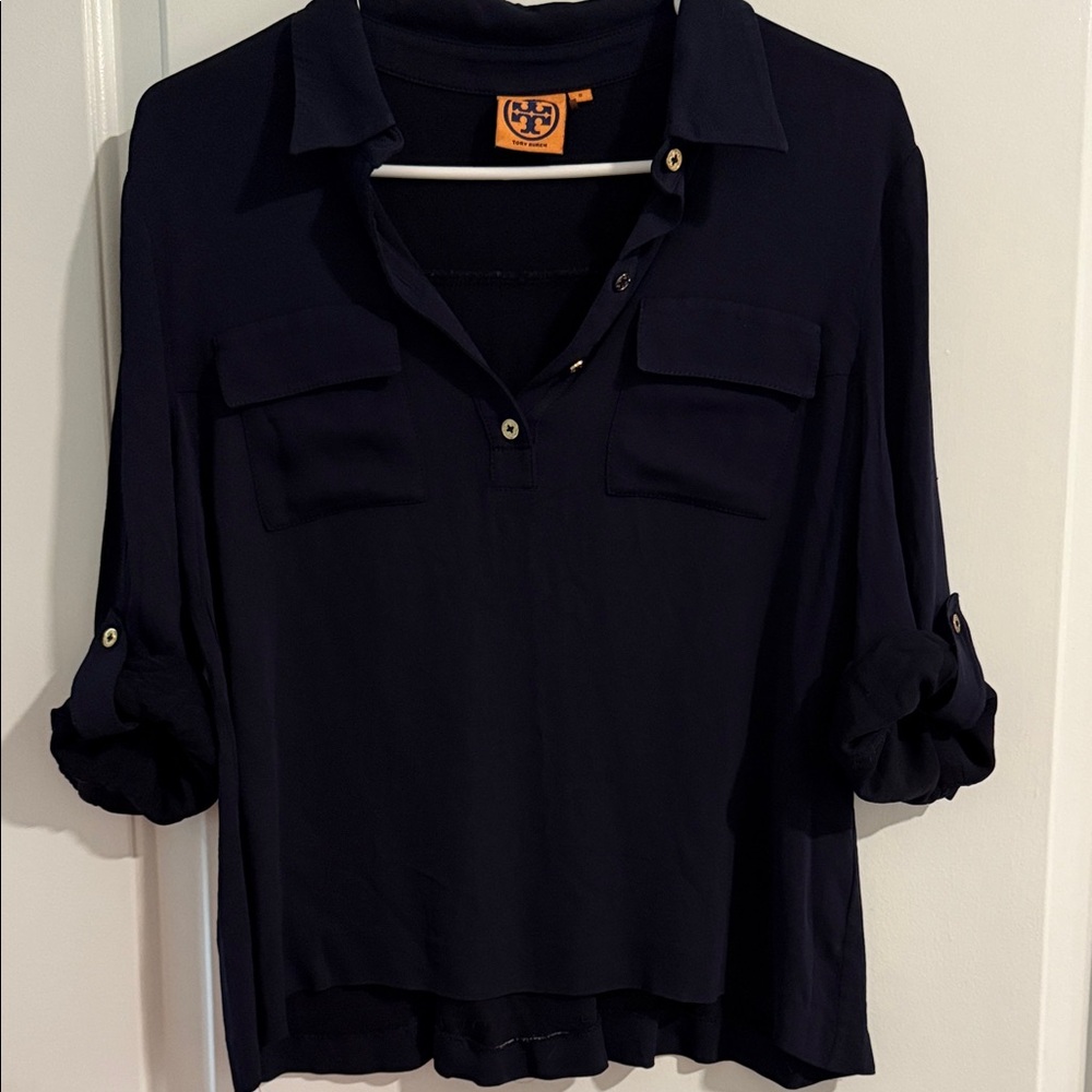 Tory Burch Navy Button-Front Roll-Sleeve Shirt